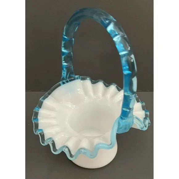 Fenton Basket Aqua Blue Crest Milk Glass‎ Ruffle Edge Bamboo Handle Top Hat VTG - Picture 5 of 13